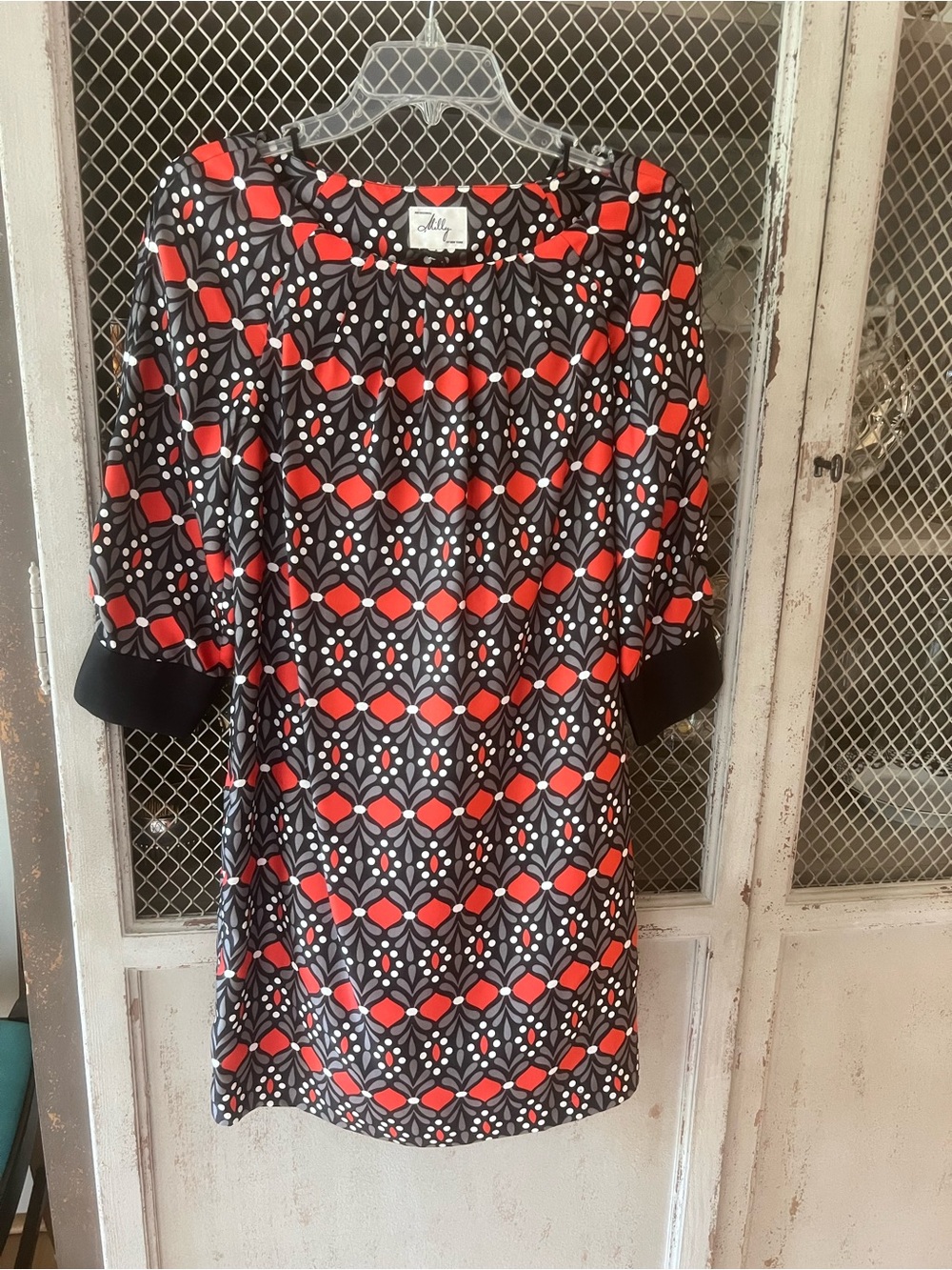 Milly Red, Black & White Geometric Scoop-Neck Silk Dress